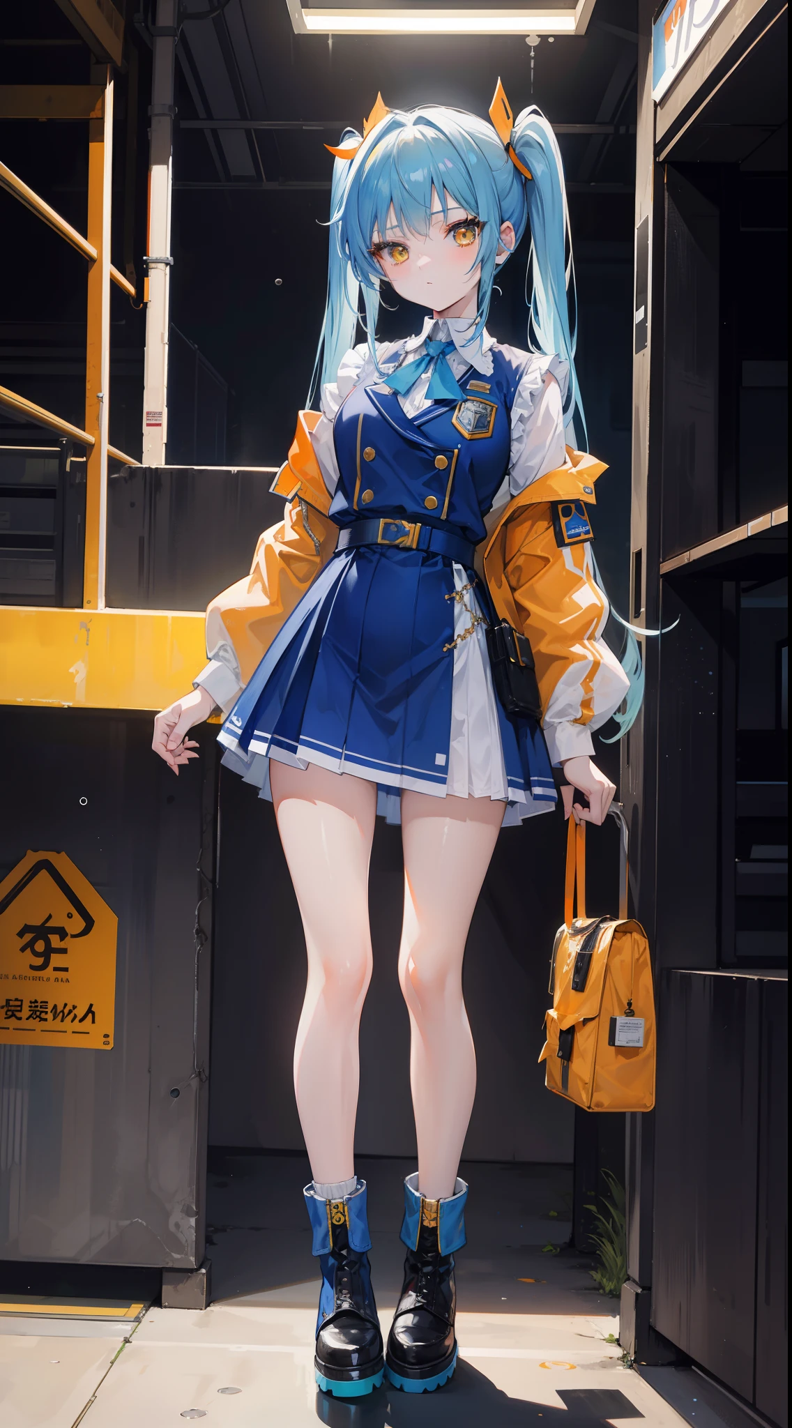 masterpiece,8K,超A high resolution,Detailed description,Smooth depiction,Accurate rendering,thirds rule,Light blue twin tails,Yellow eyes,Whitening skin,-yeld Wern-style beautiful girl in anime style,Wearing a cyberpunk-style orange waistcoat and uniform,Metallic boots,Overhead scenery,Full body depiction,Splash Art Style,