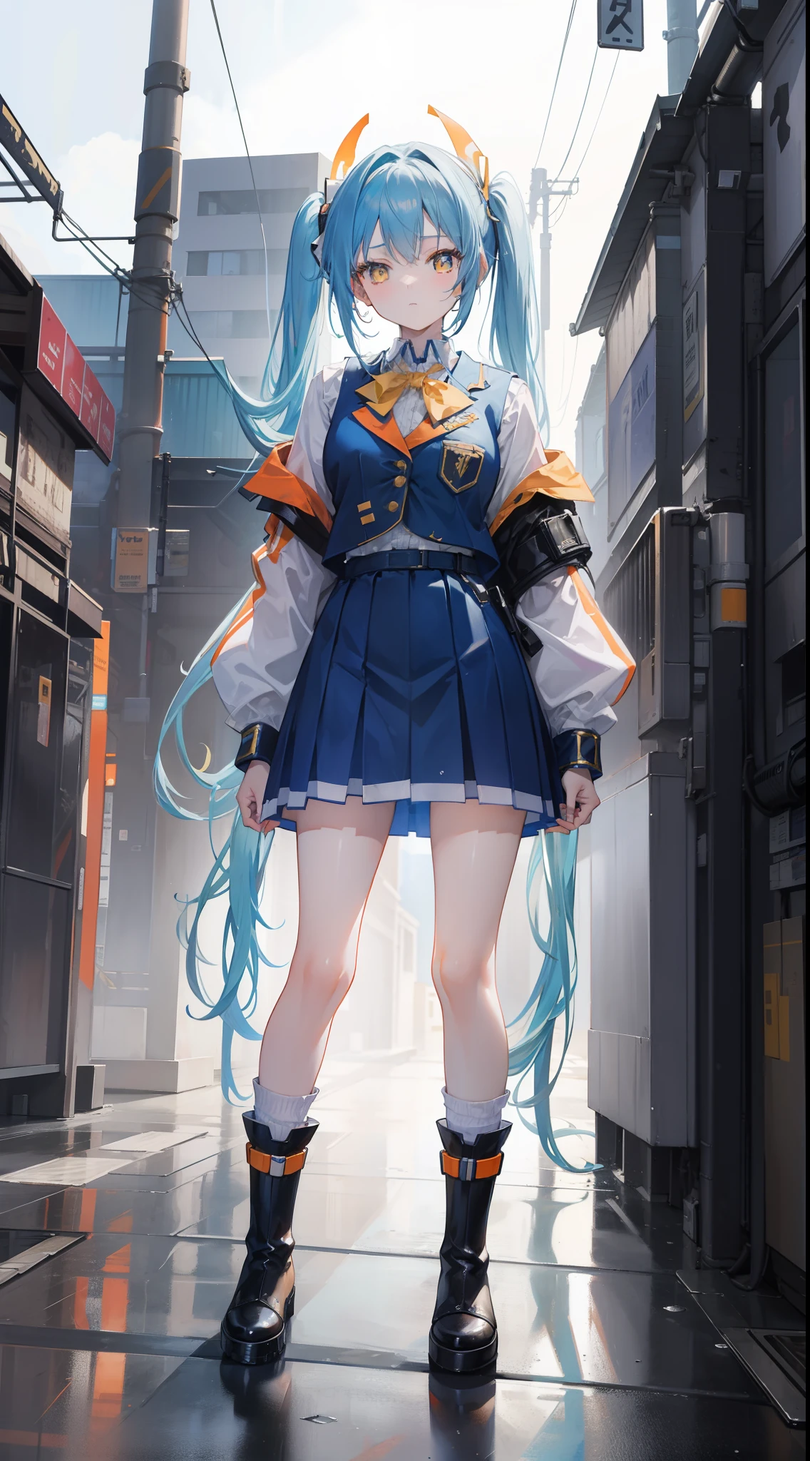 masterpiece,8K,超A high resolution,Detailed description,Smooth depiction,Accurate rendering,thirds rule,Light blue twin tails,Yellow eyes,Whitening skin,-yeld Wern-style beautiful girl in anime style,Wearing a cyberpunk-style orange waistcoat and uniform,Metallic boots,Overhead scenery,Full body depiction,Splash Art Style,