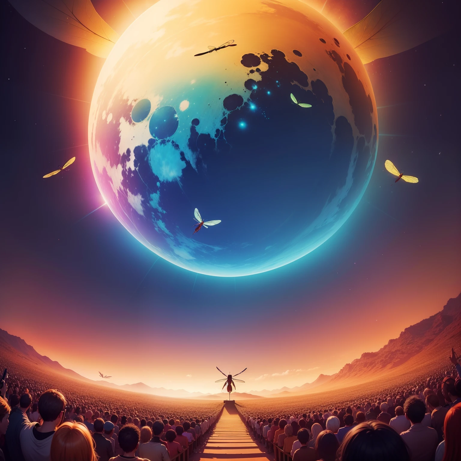wide shot, 8K, best quality, huge dragonfly flying toward the sun on whole of back ground, many humans kneeing and worshipping, psychedelic coloring, from side