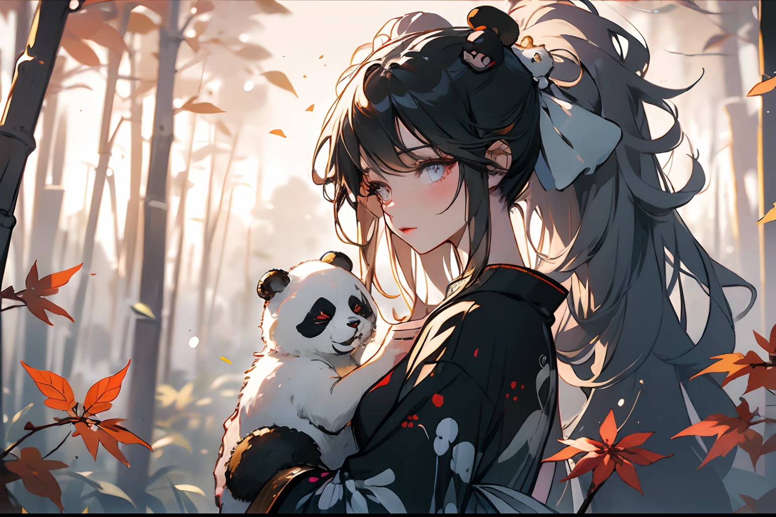(Masterpiece:1.2),Best quality,white backgrounid,Under bamboo leaves, (The panda sits on a branch),(1Blittle girl:1.5,The upper part of the body,looking at viewert),Pink and white clothes,facial closeups,big beatiful eyes,detailed face with,Flashy clothes,Ethereal panda,(Chinese Panda),Dreamy,Onmyoji detailed art,A beautiful artwork illustration,mythological creatures,pandas,Beautiful digital artwork