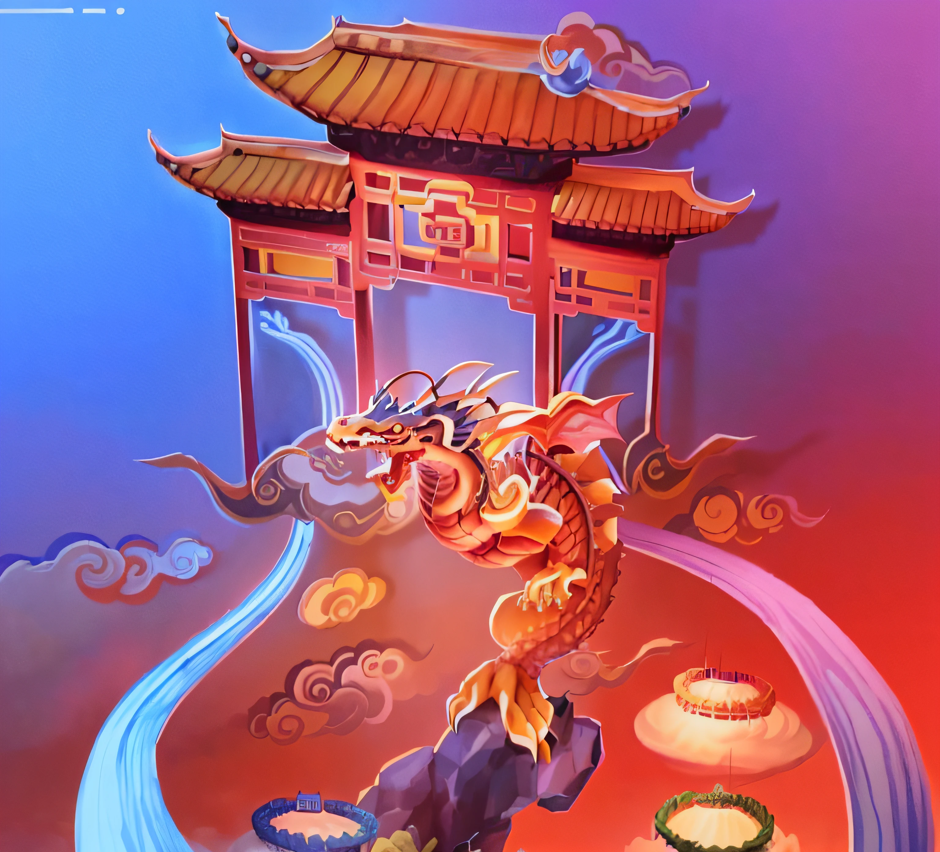 there is a dragon that is standing on a hill with a dragon, digital painting of a pagoda, chinese fantasy, stylized digital illustration, full color illustration, a beautiful artwork illustration, chinese watercolor style, china silk 3d dragon, dreamland of chinese, chinese dragon concept art, chinese dragon, chinese heritage, colored illustration, chinese style, full color digital illustration