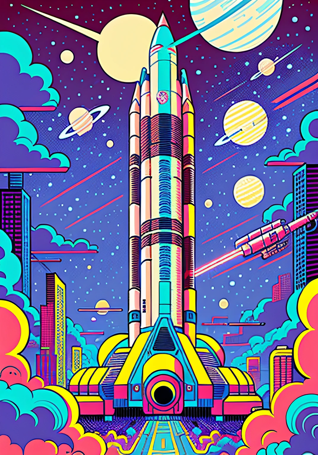 Space station illustration with rockets and other objects, in style of laurie greasley, sci-fi illustrations, sci-fi illustrations, laurie greasley and james jean, victo ngai and tristan eaton, scifi illustration, jen bartel, Science-fi digital art illustration, author:kilian eng, scifi illustration, scifi illustration