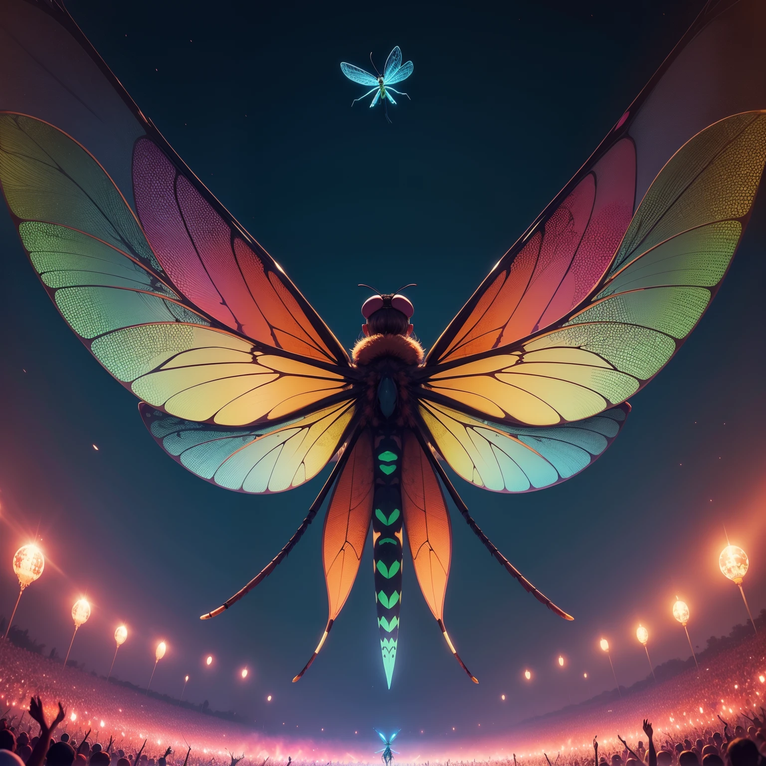 wide shot, 8K, best quality, huge flying dragonfly on whole of back ground, many humans kneeing and worshipping, psychedelic coloring