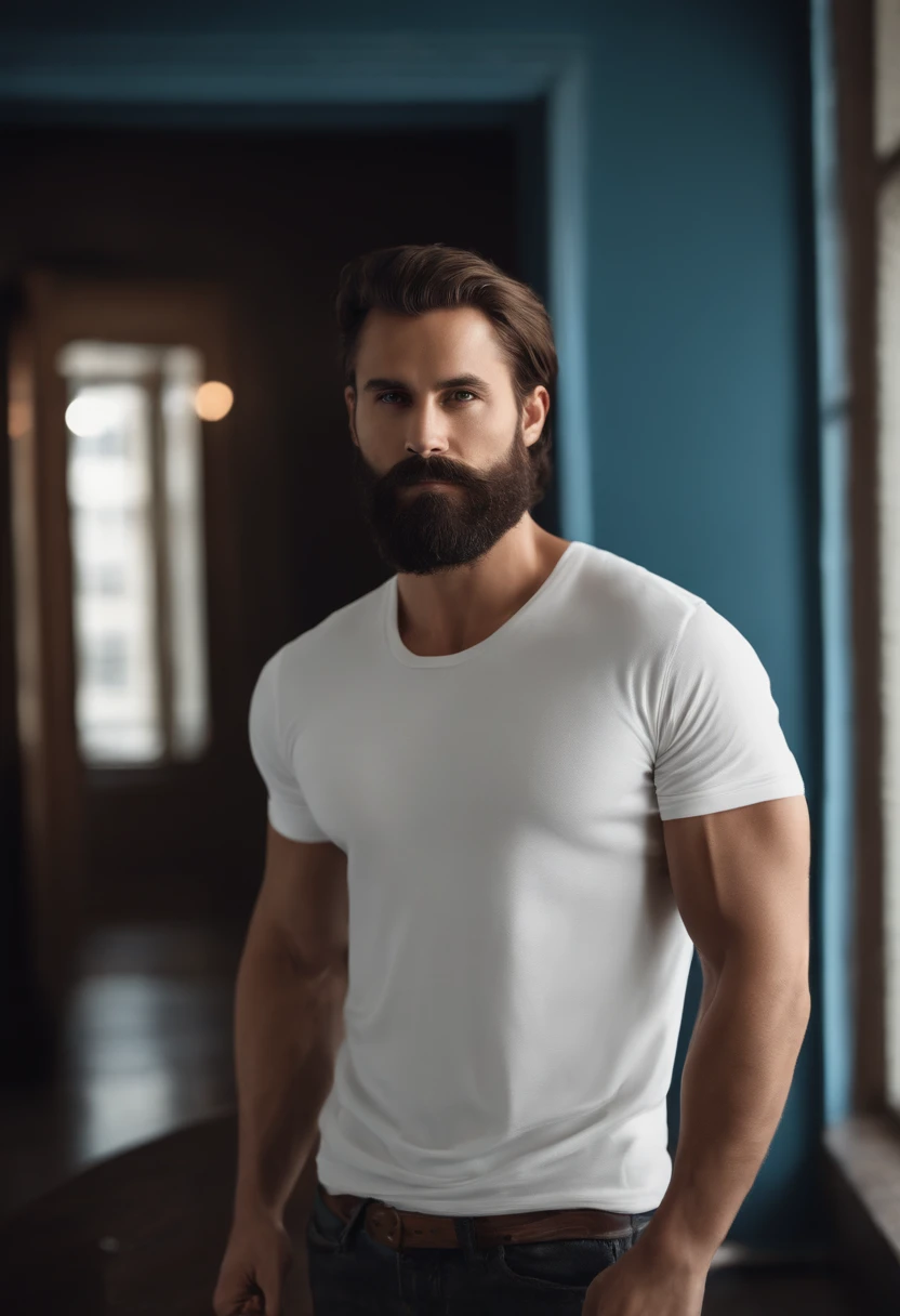 (White T-shirt for men), ), (with a long beard,) Attractive and serious look, dark brown hair, Stylish and elegant, Shaved strong body T-shirt, A man similar to actor Jamie Donan, (high quality and realistic image), Scandinavian apartment in background with blue wall paint, ((Best quality, 8K, tmasterpiece).