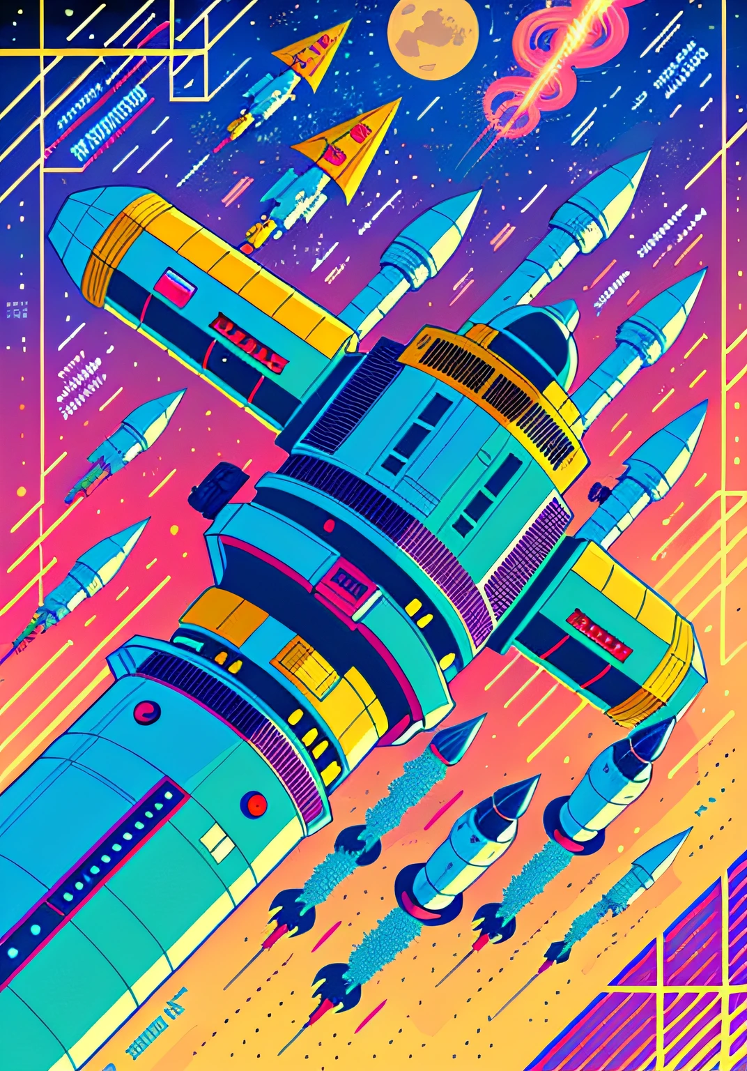 Space station illustration with rockets and other objects, in style of laurie greasley, sci-fi illustrations, sci-fi illustrations, laurie greasley and james jean, victo ngai and tristan eaton, scifi illustration, jen bartel, Science-fi digital art illustration, author：kilian eng, scifi illustration, scifi illustration