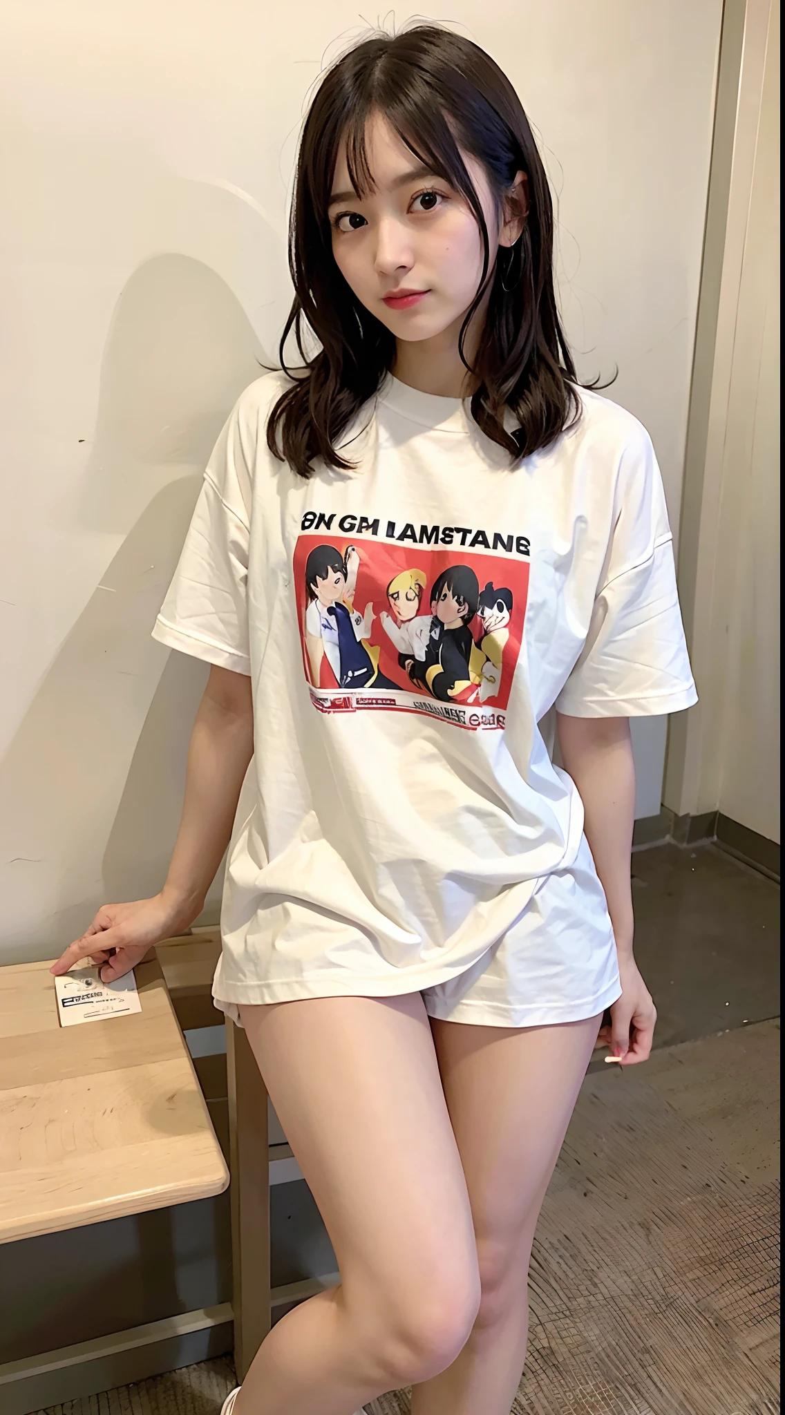 (Oversized_Shirt:1.2)、Oversized_Shirt、
Good Hand、4K、hight resolution、​masterpiece、top-quality、((Hasselblad photo))、foco nítido、(cinematlic lighting)、beautiful  lighting、dynamic ungle、[:(Detail Face:1.2):0.2]、Women of short stature、sixteen years old、Attractive paws、Emphasis on the thighs、thick thight、Beautiful legs