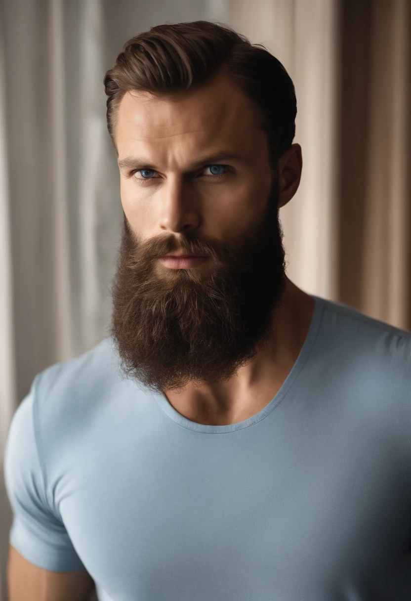 (Mann mit stilvollem Outfit), (He wears a long full beard,) (blaue Augen) (portrait) Attractive and serious appearance, dunkelbraune Haare, Stilvoll und elegant, and strong body t-shirt, Man similar to actor Jamie Dornan, (High quality and realistic image), in the background Scandinavian apartment with designer furniture and with blue wall paint in the background, ((best quality, 8K, Meisterwerk). (Extrem realistisch)