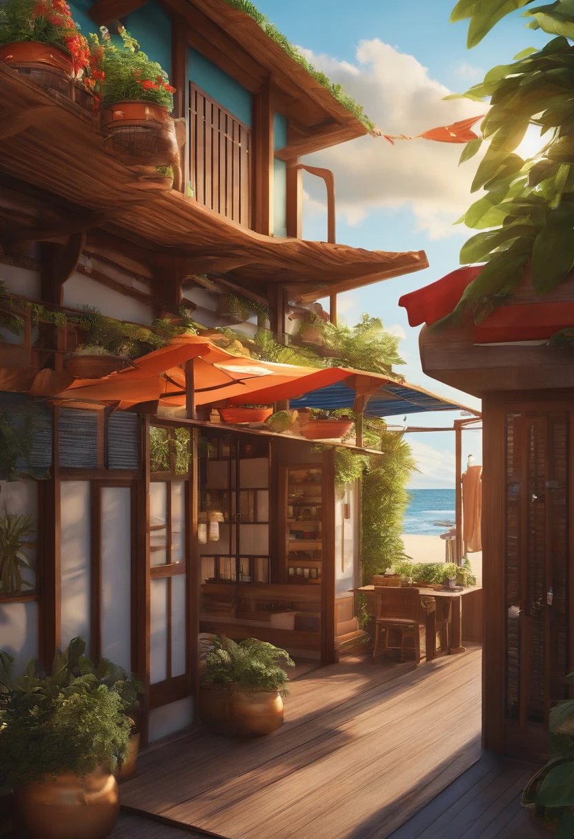 beachside，A snack street with a main color scheme for fishing boats，Modern Jiageng style building，Support the roof with four，The roof should be light，The field of view is able to penetrate，You can see the scene behind the stall，On the beach by the sea