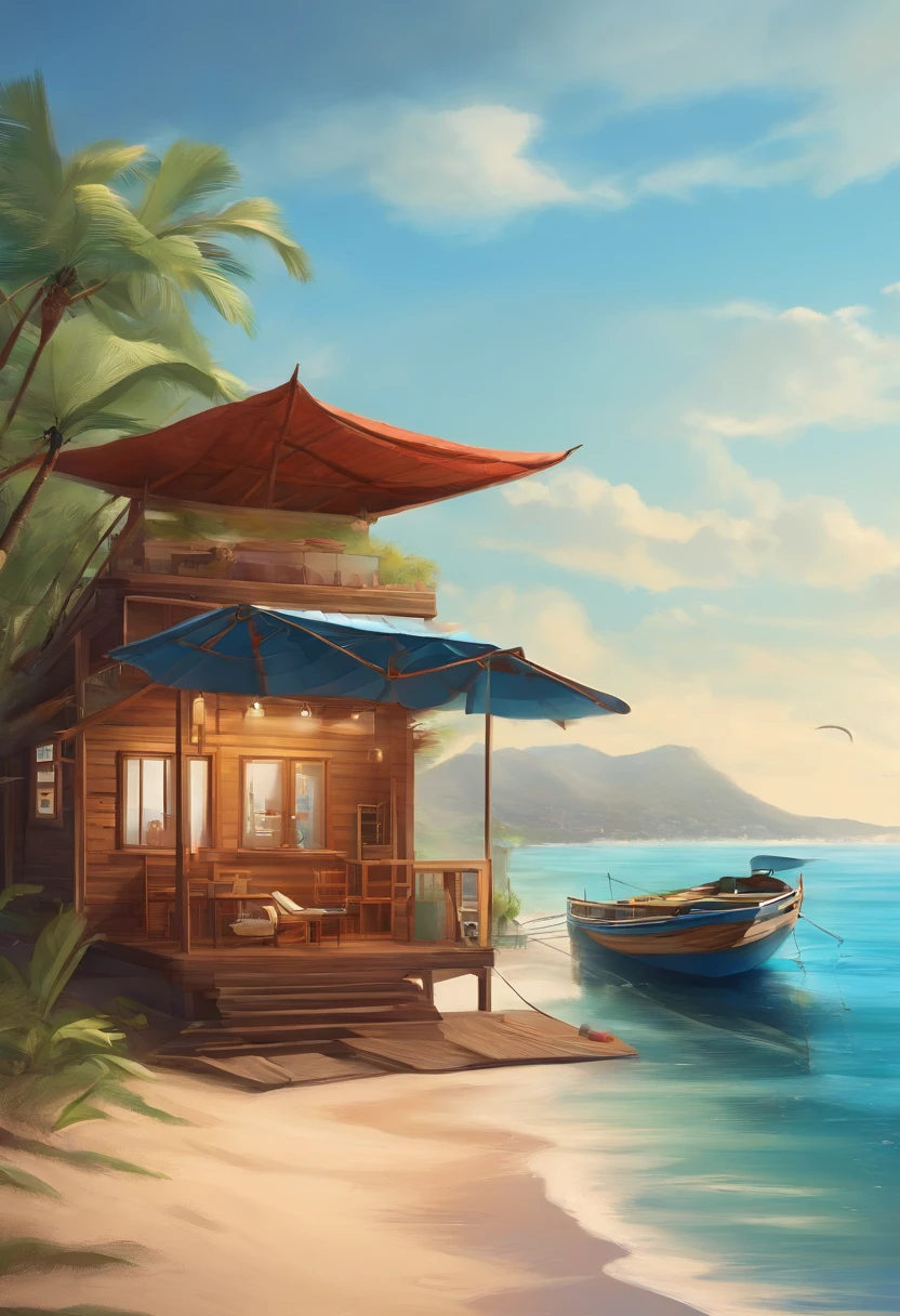 beachside,A snack street with a main color scheme for fishing boats,Modern Jiageng style building,Support the roof with four,The roof should be light,The field of view is able to penetrate,You can see the scene behind the stall,On the beach by the sea