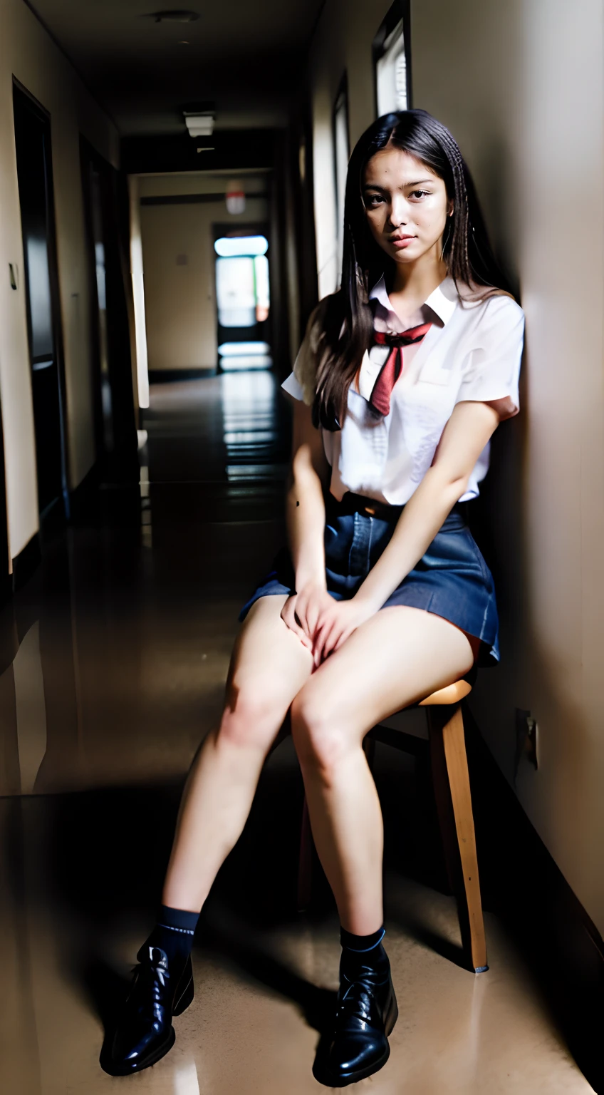 (Medium_shot:1.2), Best Quality, (8K, Raw photo, high angle full body shot,longshot,masutepiece:1.2), (Realistic, Photorealsitic:1.4),(1girl in),Japan High School Miniskirt Uniform,bow ribbon,Long straight hair,((thighs thighs thighs thighs,groin)),(Slender body,Brown skin),Sitting on a chair in a high school hallway and crossing your legs