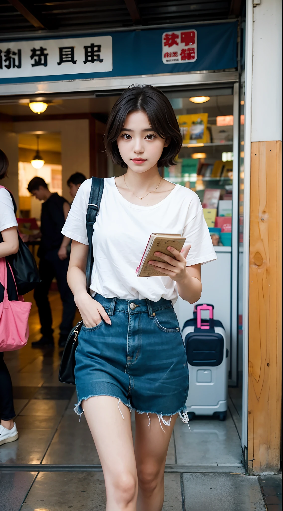 teens girl,photographers,gentle and cute,short detailed hair,(Hold a book),(Carry-on baggage),Casual wear,