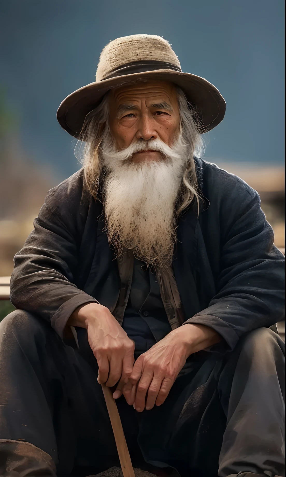 Man with a long beard and a hat sitting on a bench, Wise old man, um velho, foto do retrato de um homem velho, old man, Asian people, um homem de 80 anos, retrato do homem velho, macho velho, peaceful expression, retrato perfeitamente centrado, foto de um homem, Chinese artist, um velho，An old man with glasses