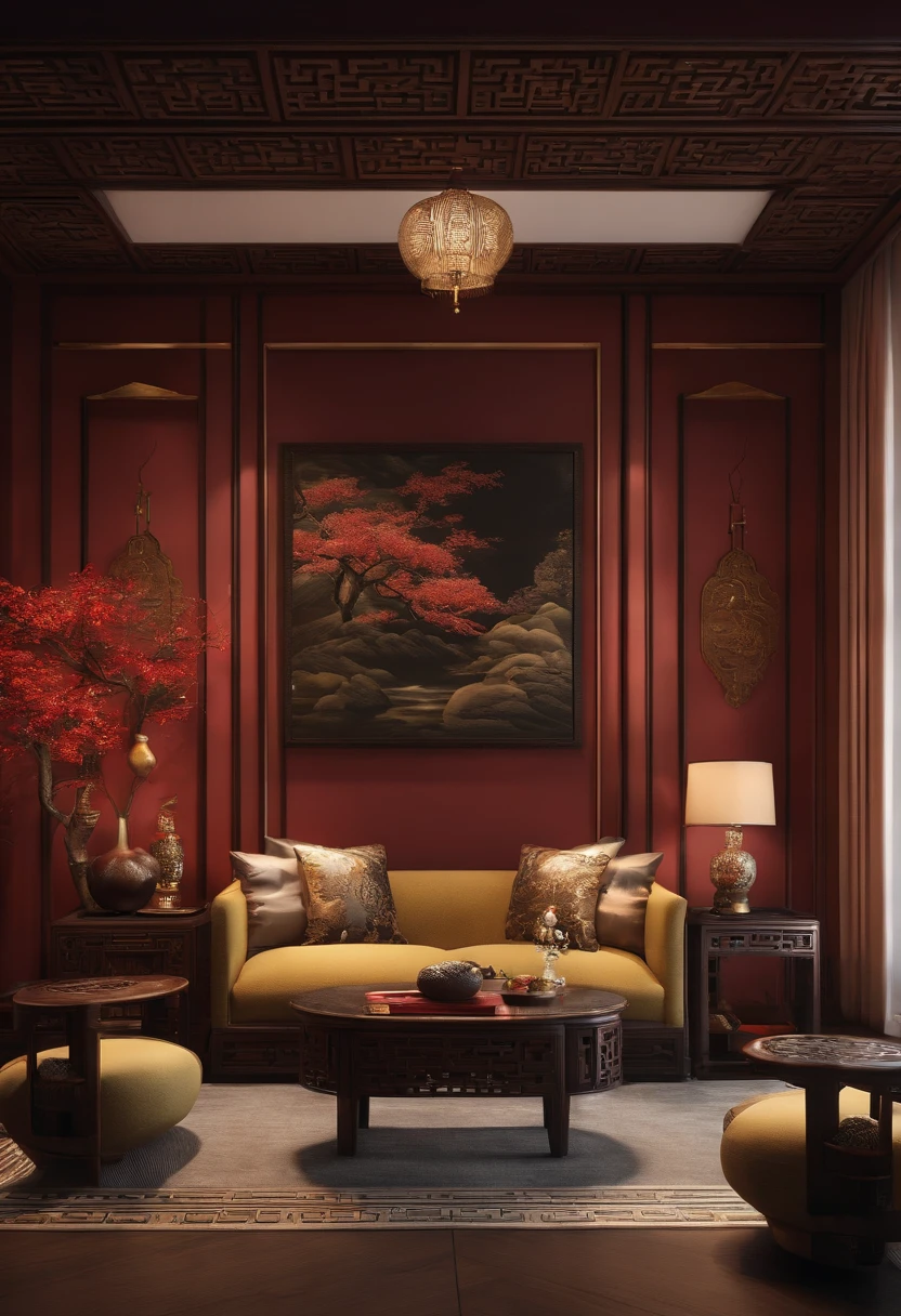 New Chinese decoration living room frontage,Set up a sofa,The walls are not decorated,Live view