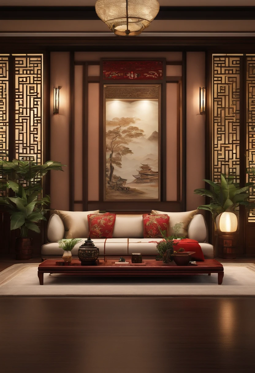 New Chinese decoration living room frontage，Set up a sofa，The walls are not decorated，Live view