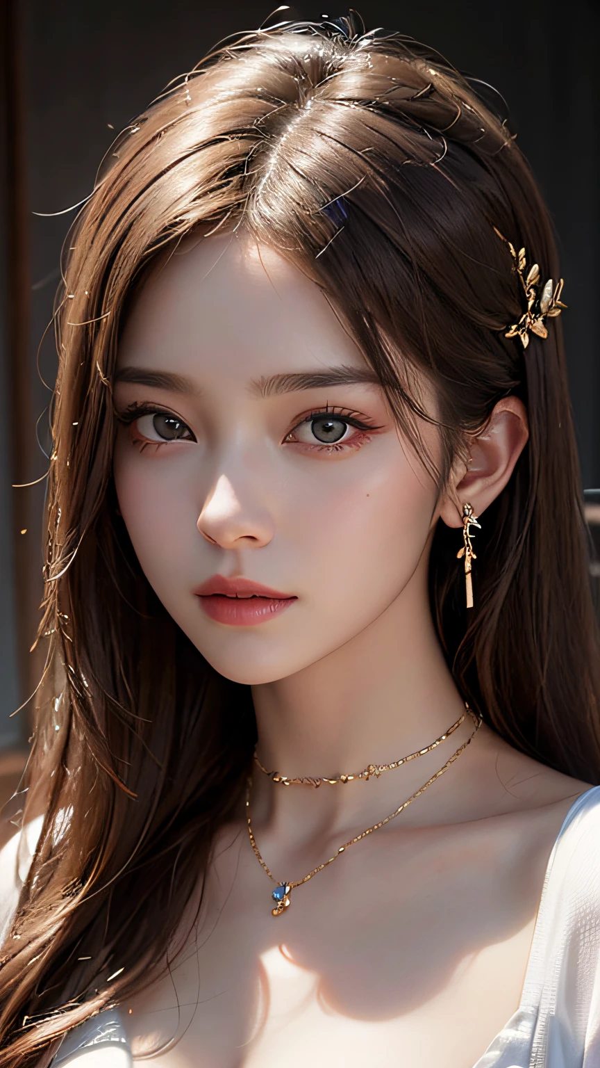 (Masterpiece:1.3), (8K, Photorealistic, RAW photo, Best quality: 1.4), (1girll), Beautiful face,( long whitr hair：1.3), Nice hairstyle，photorealistic eye，Nice detail eyes，（Delicate skin tone Realistic skin），Beautiful skins，（Cut a T-shirt，），absurd res，enticing，超高分辨率，Ultra photo realsisim，The is very detailed，the golden ratio，Home，choker necklace，ear jewelry，hair adornments，