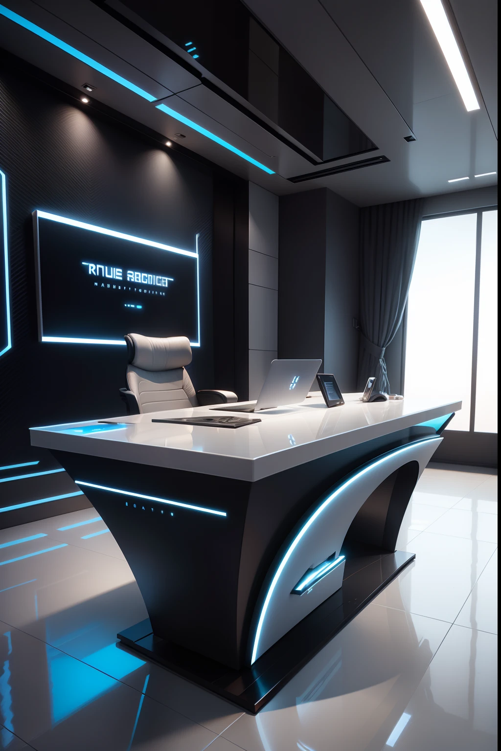 CEO desk, Frontal view, Futuristic, Technological，Luxurious, CreativeDesign