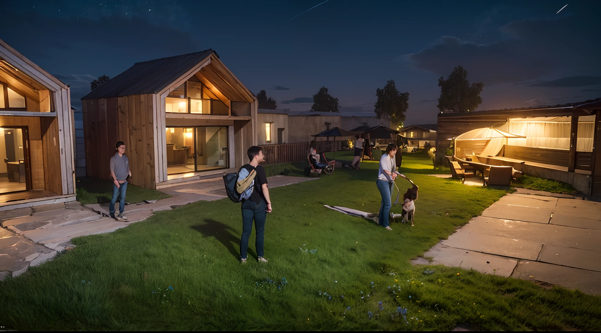 (((Masterpiece))),((Best quality)),hyper-high detail,super exquisite details,Wooden house,Casa,(grassy fields:1.1),Slate channel,Outdoor table and chairs,beach umbrella,Bar,Stone house in the distance,night time render,At night,Hyper-realistic,Create a comfortable and casual atmosphere,Casual atmosphere,8K high-quality rendering,Super real,Interesting light and shadow,low-light