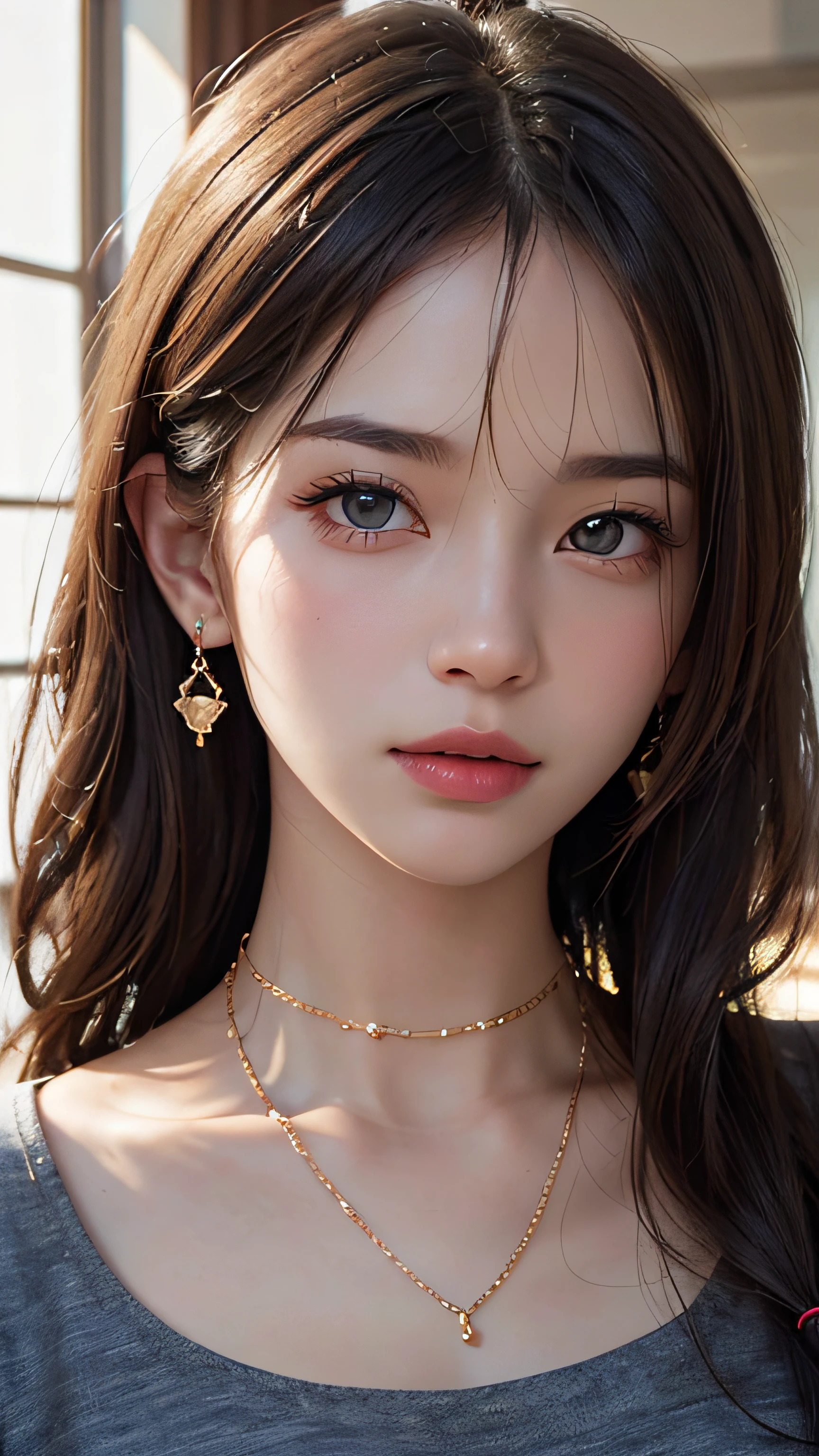 (Masterpiece:1.3), (8K, Photorealistic, RAW photo, Best quality: 1.4), (1girll), Beautiful face,( long whitr hair:1.3), Nice hairstyle,photorealistic eye,Nice detail eyes,(Delicate skin tone Realistic skin),Beautiful skins,(Cut a T-shirt,),absurd res,enticing,超高分辨率,Ultra photo realsisim,The is very detailed,the golden ratio,Home,choker necklace,ear jewelry,hair adornments,