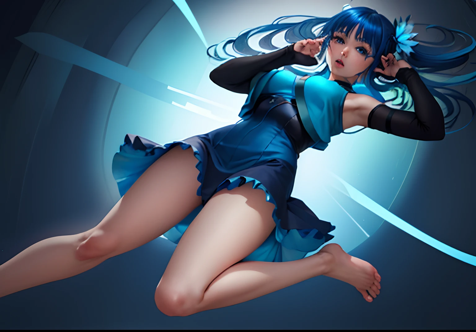 top-quality、Girl in blue body fitted dresses with long hair and blue hair,dynamicposes, , Strongest Pose, female character,Art styles, Girls in Female Action, girl with, Teal Hair Girl,Foot exposure、"pantiy"、Dark blue bolero、Blue flower hair ornament