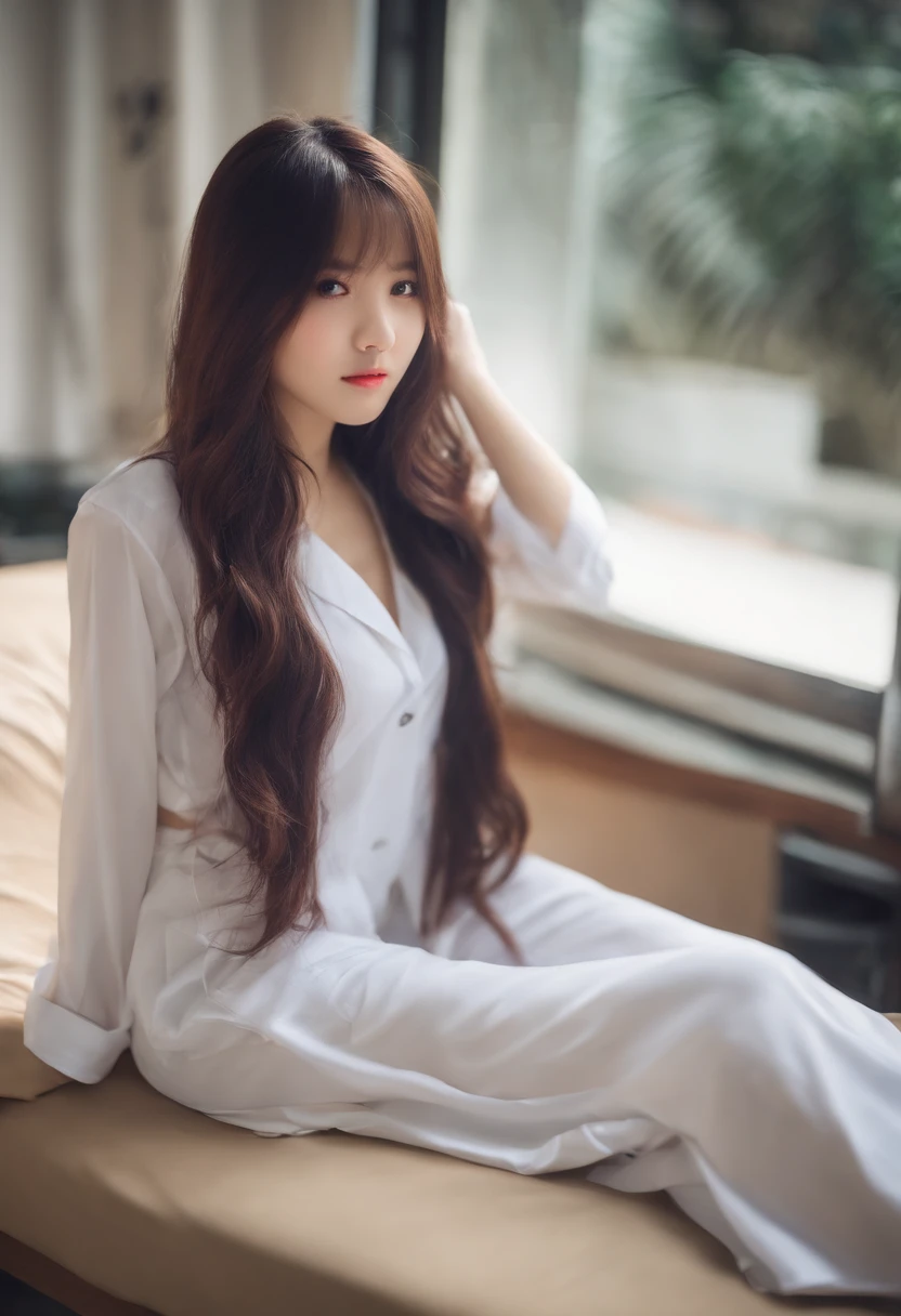 A cute girl who just woke up,rubbing eyes,Wearing a white shirt top,Loose top,(White shirt pajamas:1.5)(Half shed, half worn:1.1),long whitr hair,mediuml breasts,beautifullegs, Long legs, Thin leg,(Bangs are visible),upper legs,full bodyesbian,Big high school girl,looking in front,(8K、RAW photography、top-quality、tmasterpiece:1.2),Hoshino Ai, long hair, purple hair, streaked hair ,purple eyes, star-shaped pupils, hair ornament,
