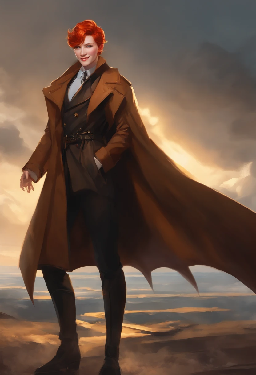 Redhead, black fire dragon, golden eyes, taidao, trench coat, sunny and cheerful smile