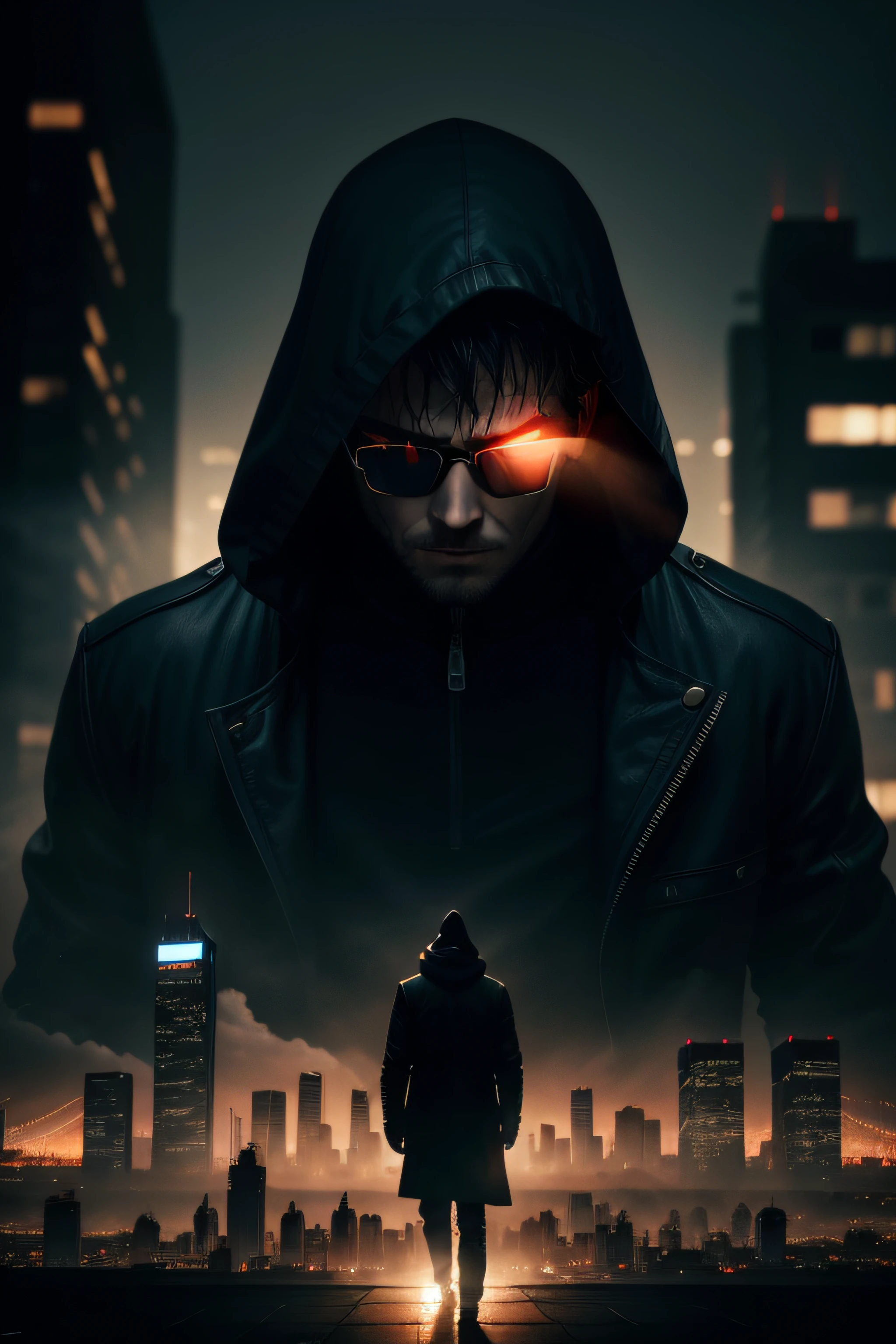 THRILLER horror, 8k image quality, the hero suffers from a disease caused by daylight, which forces him to wear protective glasses, the silhouette of a man with a hood, full shot, facing the viewer, alone in the frame, super details of the image, surreal, background with the city at night frame from the ground level