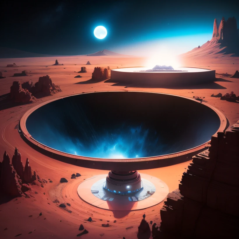Alien base (Very detailed) In the mountainous desert,There are several exhaust fans and chimneys, Some spotlights come out of the base to illuminate dark places, (Extreme nights), Some clouds in the night sky, Some of the surrounding planets provide air to unknown planets,The farthest giant volcano is erupting