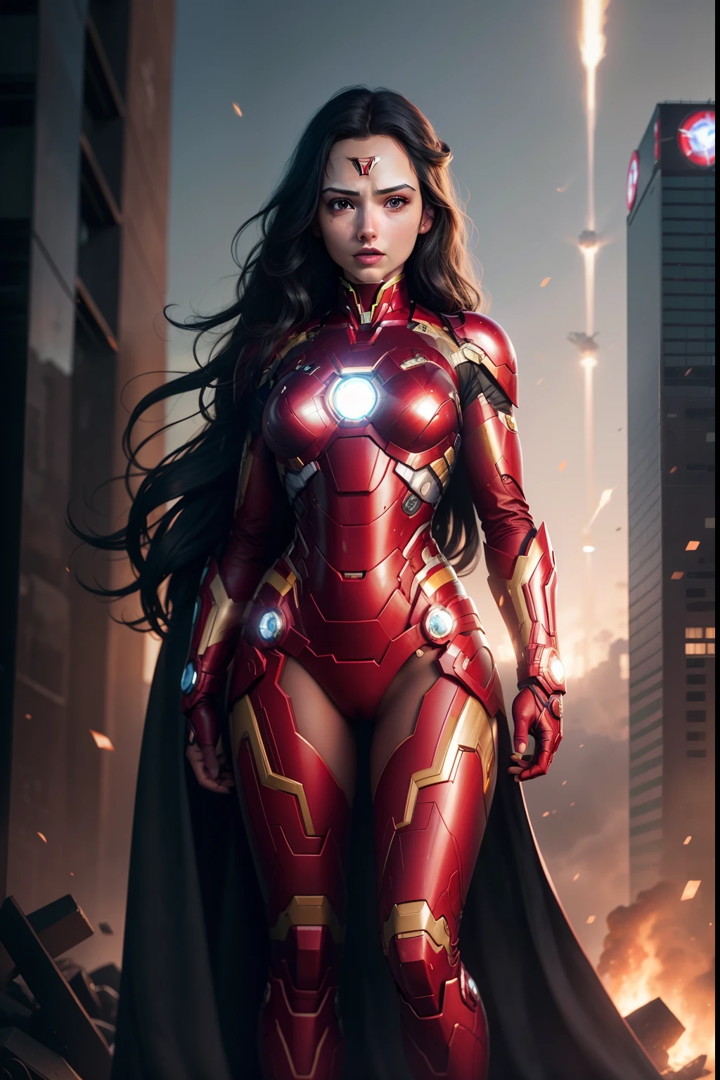 4k, realistic, carismatic, very detail, there is a girl on top sky, wearing iron man costum, Gal Gadot is a iron man, super hero theme, black long hair, 25 years old, full body
