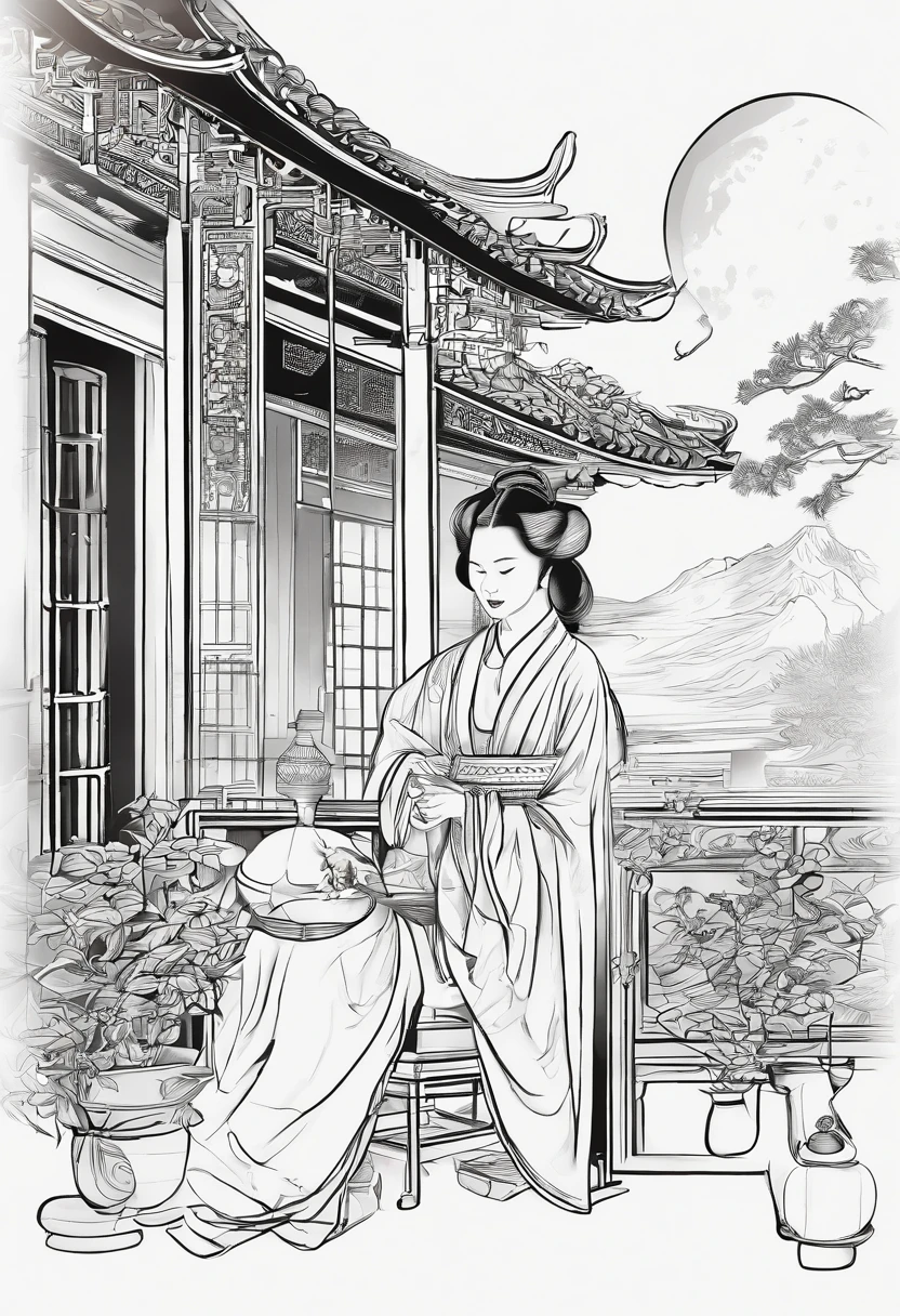 Chinese beauty of the Song Dynasty，In front of her was a table，There is a cat under the table。There was a stack of books on the table，pen, ink and paper，Computer：1.2，high-class，big window，lots of plants，There is a moon at night