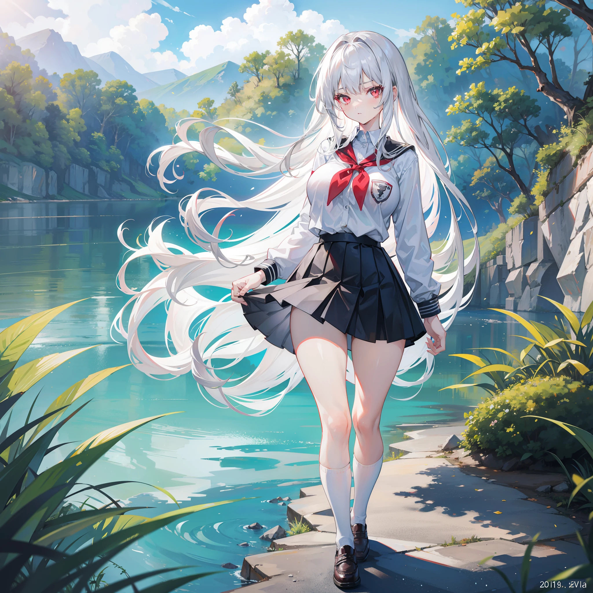 18 year old female, silver hair, red eyes, long hair, large breasts  Wear a school uniform and short skirt next to a natural lake.