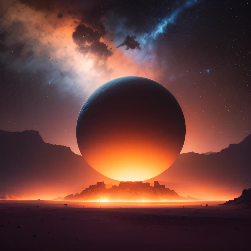 Alien base (Very detailed) In the mountainous desert,There are several exhaust fans and chimneys, Some spotlights come out of the base to illuminate dark places, (Extreme nights), Some clouds in the night sky, Some of the surrounding planets provide air to unknown planets,The farthest giant volcano is erupting