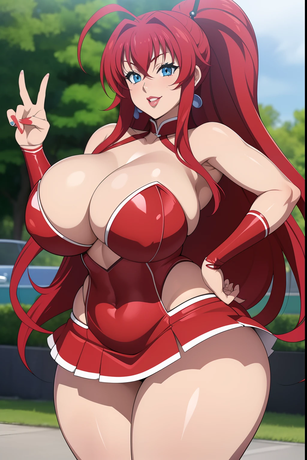 Highschool dxd, Rias Gremory,1girl, (((bimbo))), long red hair , blue eyes, ear rings, (((bimbo))), puffy lips, painted lips, thick lips, smile face, wide hips, thick thighs, huge round ass, huge natural Hitomi Tanaka breasts, cheerleader skirt, posing, hand signs