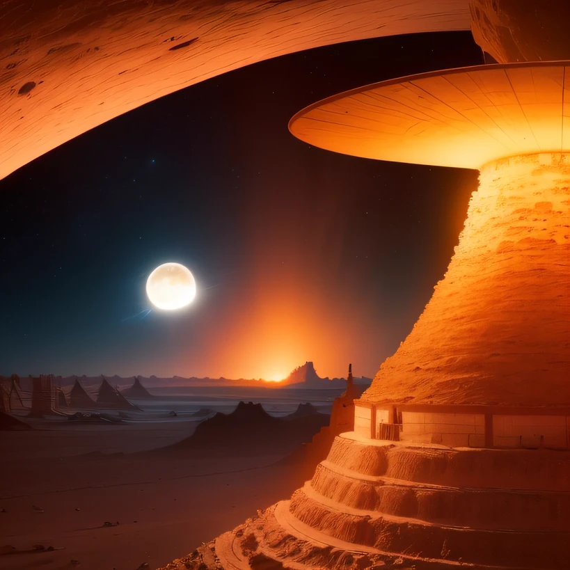 Alien base (Very detailed) In the mountainous desert,There are several exhaust fans and chimneys, Some spotlights come out of the base to illuminate dark places, (Extreme nights), Some clouds in the night sky, Some of the surrounding planets provide air to unknown planets,The farthest giant volcano is erupting