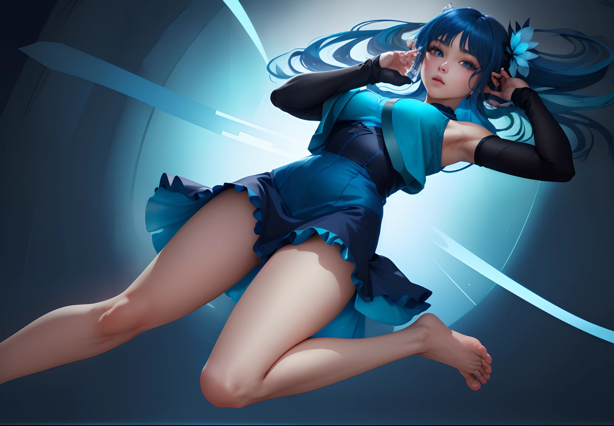 top-quality、Girl in blue body fitted dresses with long hair and blue hair,dynamicposes, , Strongest Pose, female character,Art styles, Girls in Female Action, girl with, Teal Hair Girl,Foot exposure、"pantiy"、Dark blue long-sleeved bolero、Blue flower hair ornament