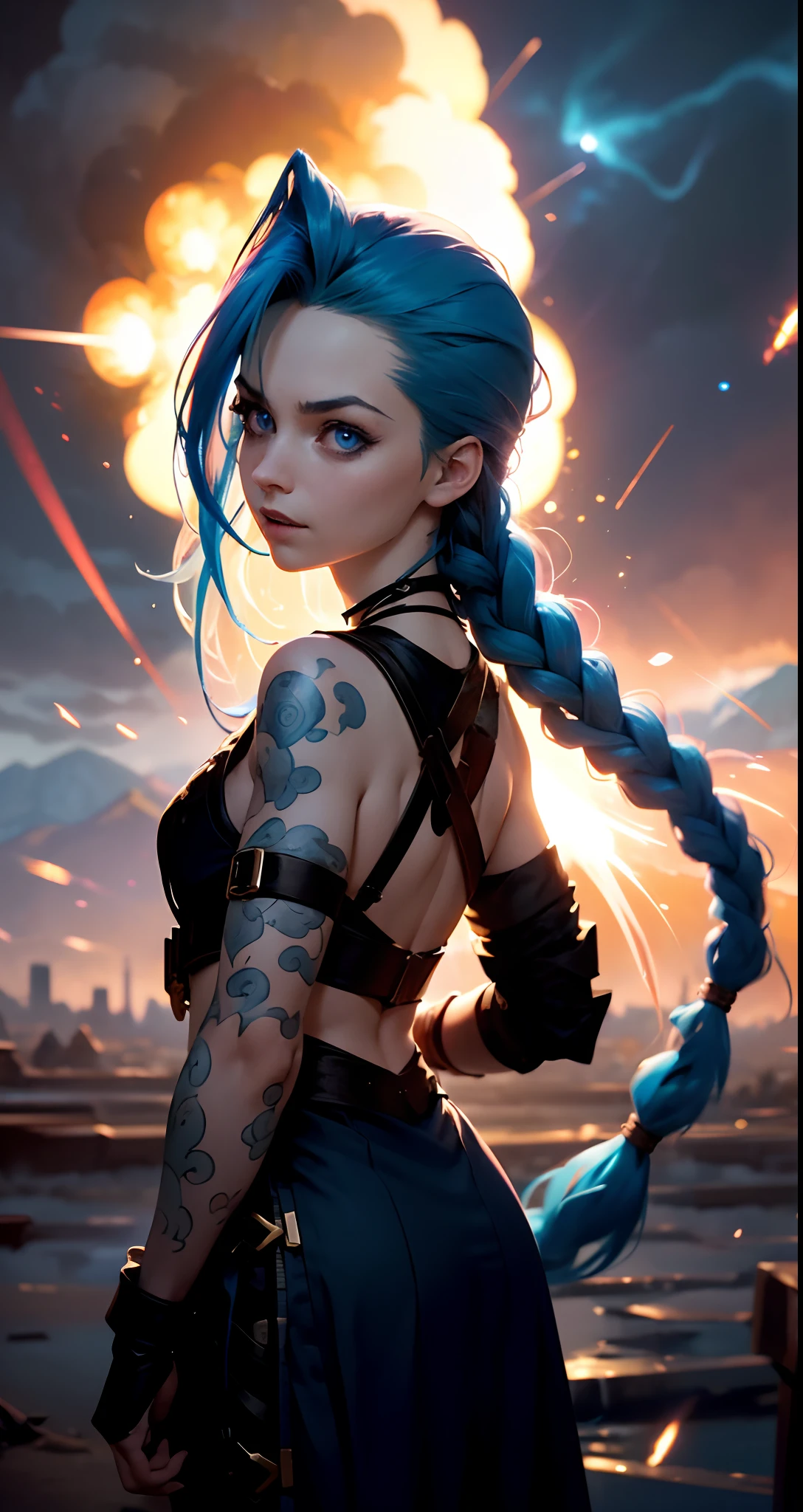Jinx stole, super background, tmasterpiece, higly detailed, Glow Blue Eyes, Epicness, grenade, Epic backstory, A masterpiece of explosions, Персонаж игры Кейтлин League of Legends,higly detailed, Scene in motion, madness, the wind, Explosions of the best quality, filmstill, 1 Jinx, Jinx from the clouds, soaring in the sky, a closeup of a, The vibrant, a happy, warm soft lighting, Sundown, (sparks: 0,7)
