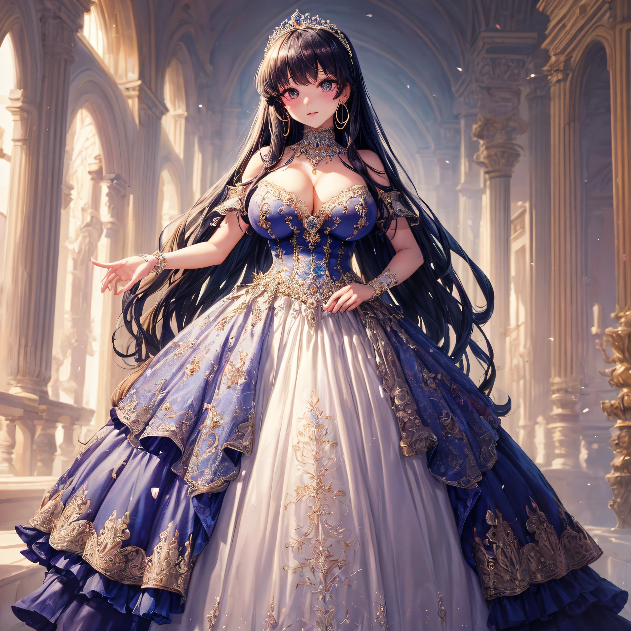 (masterpiece, best quality,extremely detailed,moe anime art style:1.1),1girl, (solo), cute, kawaii,digital art,((1 bling-bling anime princess wearing beautiful embroidery and jeweled gorgeous princess ballgown with voluminous full length hoop skirt)),((crinoline)),long train,voluminous frills,(gorgeous embroidery and beautiful lace),(very gigantic boobs,cleavage,skindentation),((shiny hair,absurdly straight long hair)),((finely detailed face and eyes)),clear pupil,extremely gorgeousfull hair ornament,(bling-bling jeweled extremely gorgeousfull tiara),((bling-bling gorgeous gemstone jewelry)),long veil,((beautiful background,fantasy)),flowers,flower petals flowing,full body,(looking away),((beautiful embroidery and jeweled gorgeous princess ballgown with voluminous full length hoop skirt))