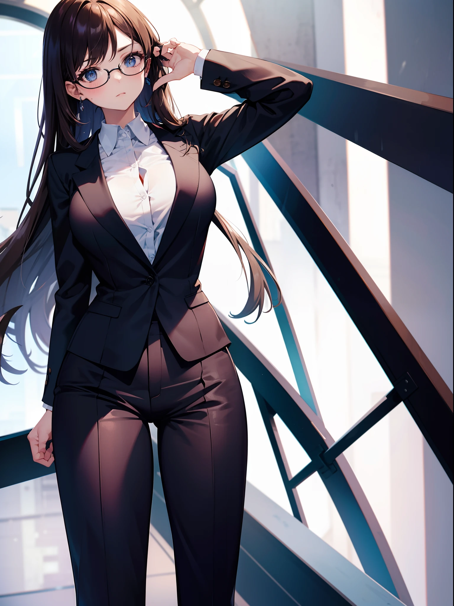 one beautiful women, Brown semi-long hair, eye glasses, Blue underwear through the gap in the shirt, Formal pantsuit half-off, arms folded, full-length figure