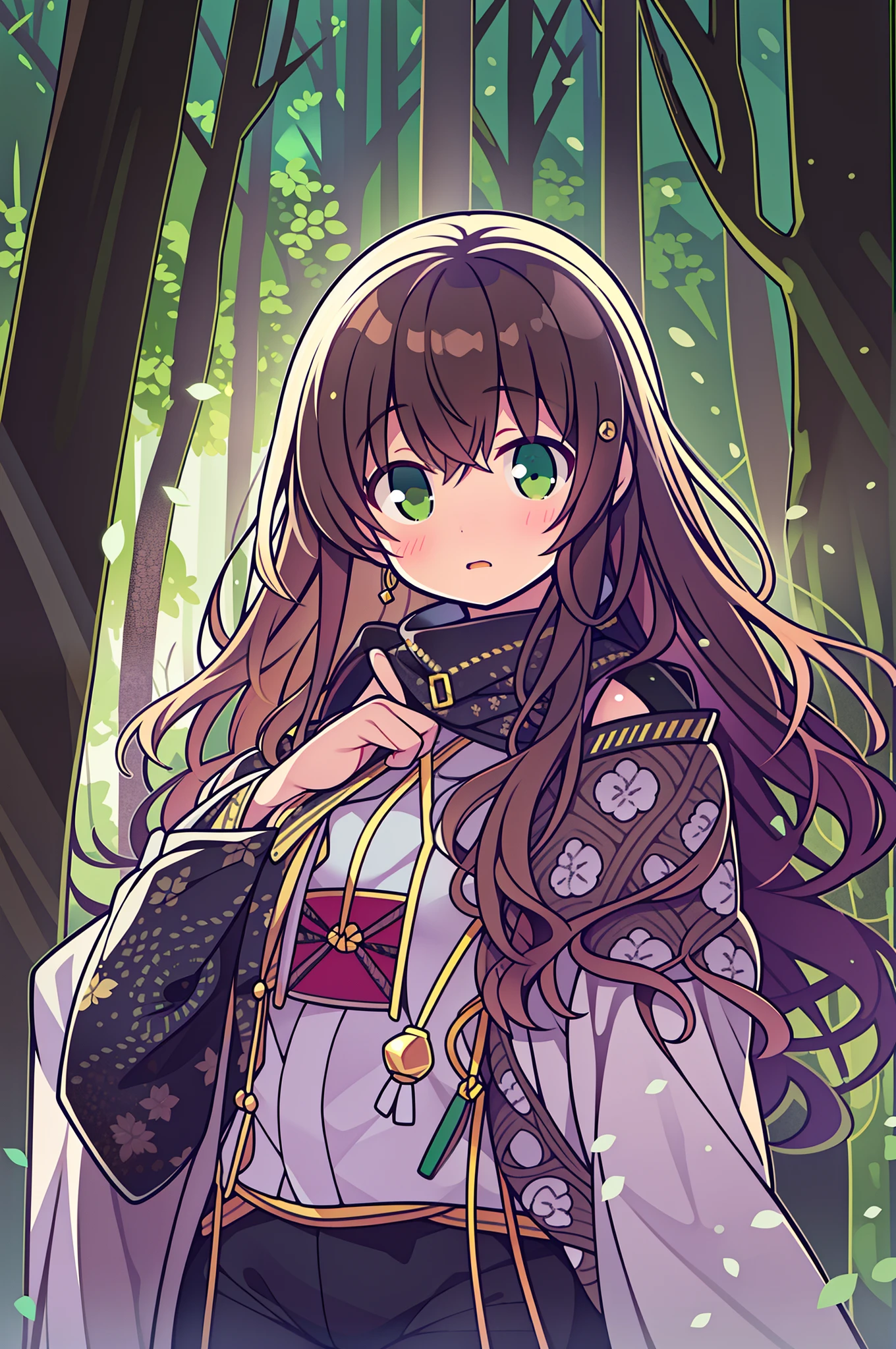 8K, Best Quality, masutepiece, Highly detailed, semi - realistic, girl with, girl with, 20 years old, looking hand, long dark brown hair with bangs,, Curly hair, Green eyes, Black Japanese style cut clothes, White pants, Bare shoulders, golden details, Thin figure, Cold expression, Battle Scenes, Outdoors, Forest background, Lots of trees and dark sky