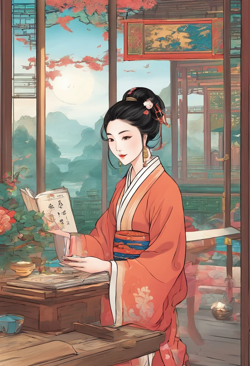 Chinese beauty of the Song Dynasty,In front of her was a table,There is a cat under the table。There was a stack of books on the table,pen, ink and paper,Computer:1.2,high-class,big window,lots of plants,There is a moon at night