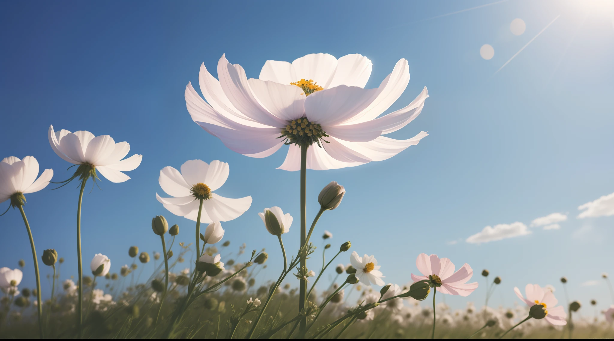 Cosmos flower, (Photorealsitic: 1.4), top-quality, ​masterpiece, ultra-detailliert, natural soft light, A clear day, Pale colors