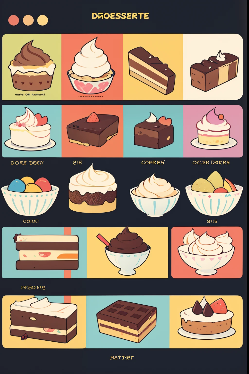 9 different desserts，pictogram，Colorful colors，cutecolors，a sticker，Flat illustration，Ui Illustration