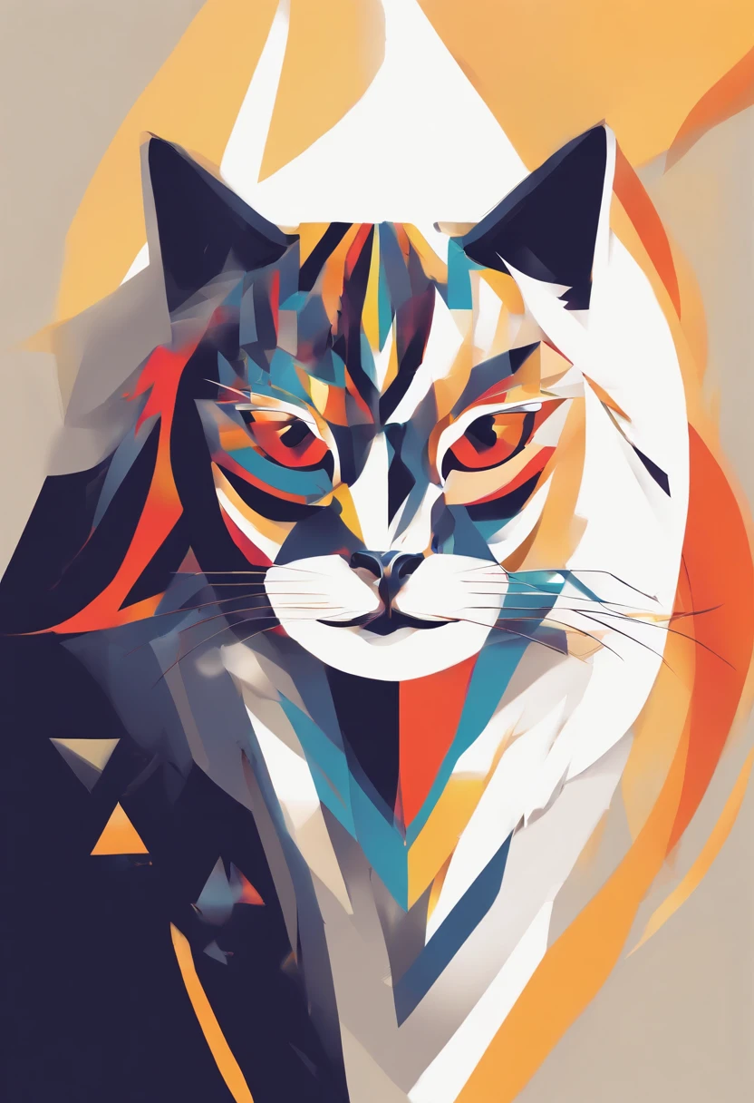 red yellow colorful logo, minimalist logo illustration of vector art of an Cat head, front facing, magic, sharp design, smooth, monochromatic colorful, dark magic splash, t-shirt design, in the style of Studio Ghibli, The design should be in vector art, showcasing the deer. Use Adobe Illustrator to craft the logo with crisp lines and a simple yet captivating look. Keep the design centered on the cat's eyes, capturing their uniqueness and charm. The logo should evoke a sense of sophistication and tranquility. Emphasize a low-poly style to add a touch of uniqueness to the whiskers. The overall aesthetic should be sleek and stylish, making it suitable for branding and logo purposes, white brackground