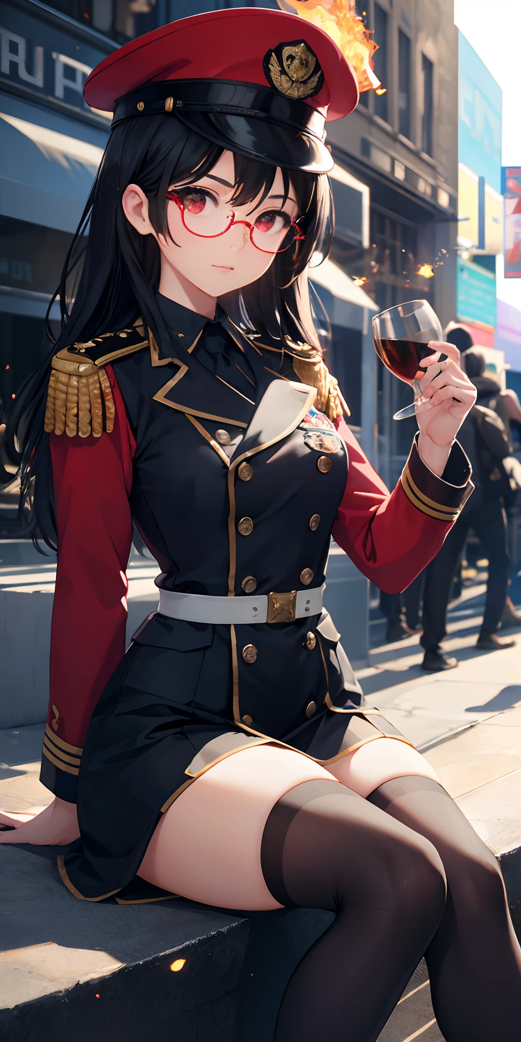 1girl, black hair, red eyes, fire witch, blood, light particles, light rays, wallpaper, high contrast, colorful, half body to thigh, night in streets of New York, a military woman, she wear a red uniform with military hat, dynamic pose, sitting centered in front to camera, cute and adorable, drawing style, digital art, centered, dynamic pose, complex blurry background, lushill style, exquisitely detailed elements, detailed perfect face, hold the glass of coffe, detailed clear eyes, intricate, (((glasses)))