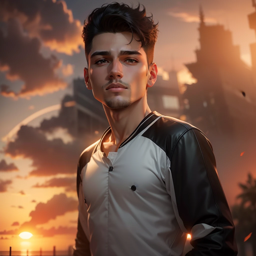 Change background with sunsets light handsome face with black jacket. Ultra realistic face. Hd 4k. Age 17.