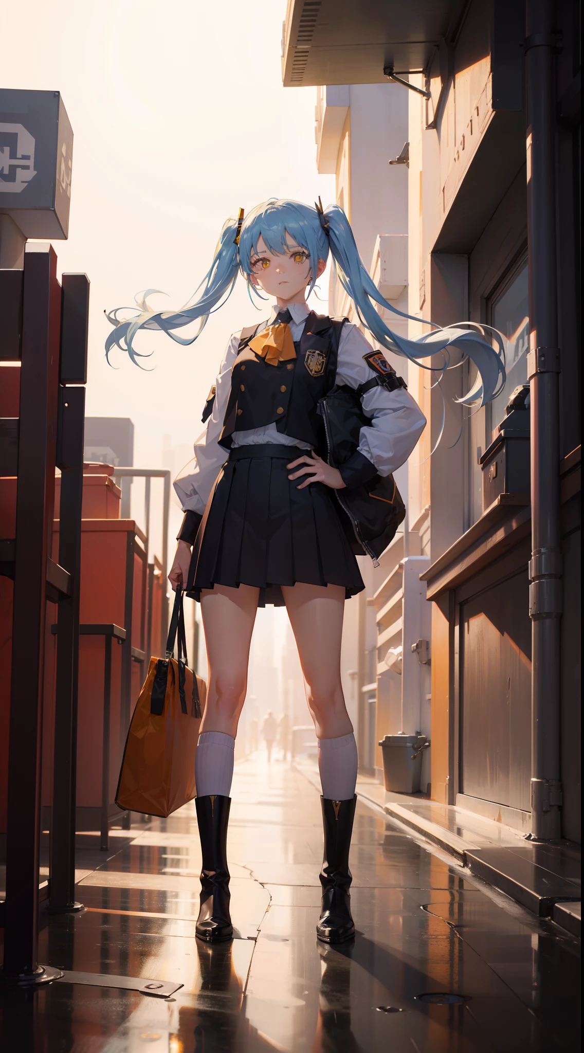​masterpiece，8K，超A high resolution，Detailed description，Smooth depiction，Accurate rendering，thirds rule，Light blue twin tails，Yellow eyes，Whitening skin，12-year-old Western-style beautiful girl in anime style，Wearing a cyberpunk-style orange waistcoat and uniform，Metallic boots，Overhead scenery，Full body depiction，Splash Art Style，