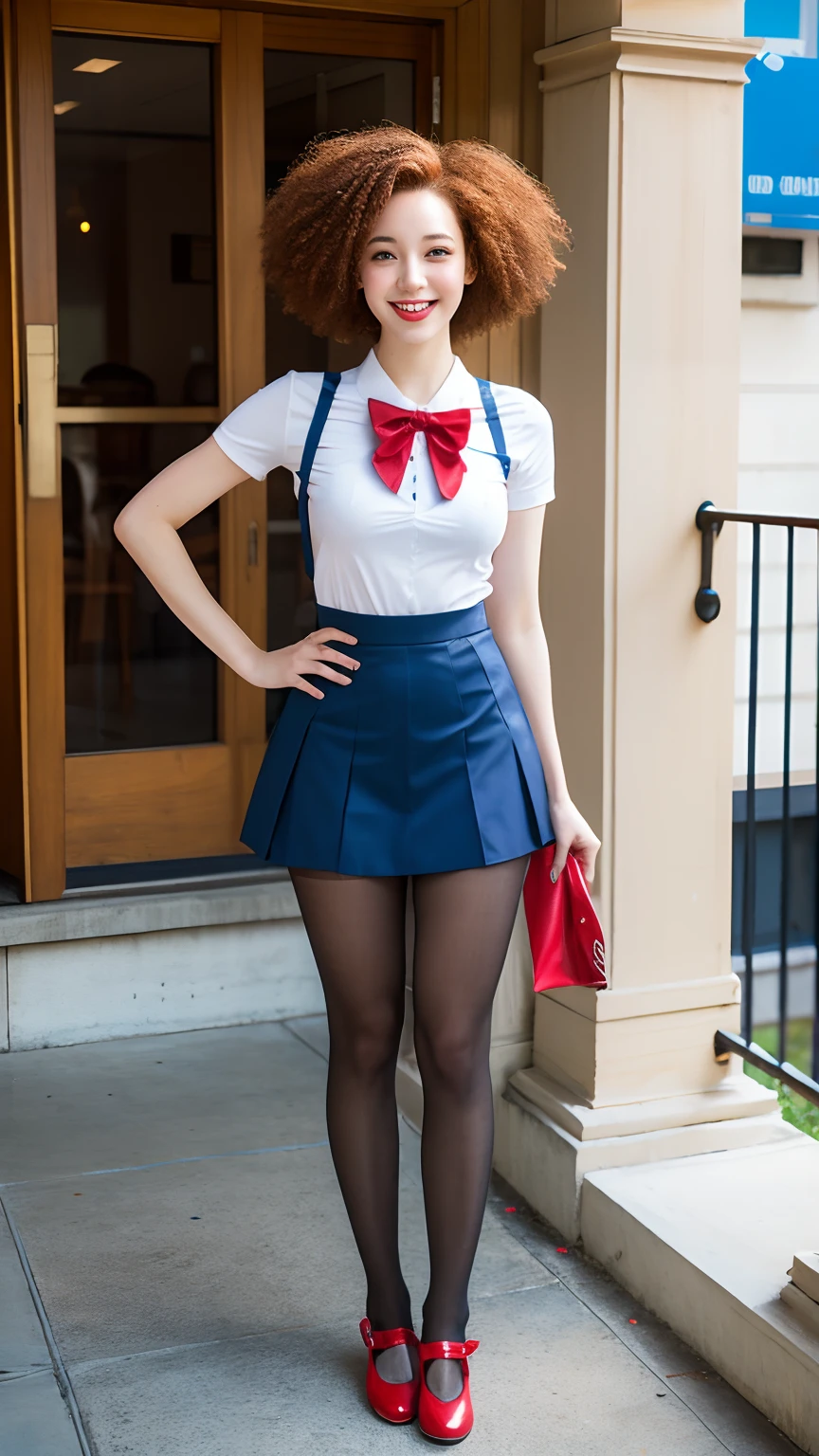 Show entire body, feet in view, 16y.o., gorgeous pale skin Latina female, short curly clown Afro, red hair, perfect body, 8k resolution, American school uniform, black pantyhose, no shoes, aerial view, standing, smiling, outside, luxurious apartment, nyc, afternoon,