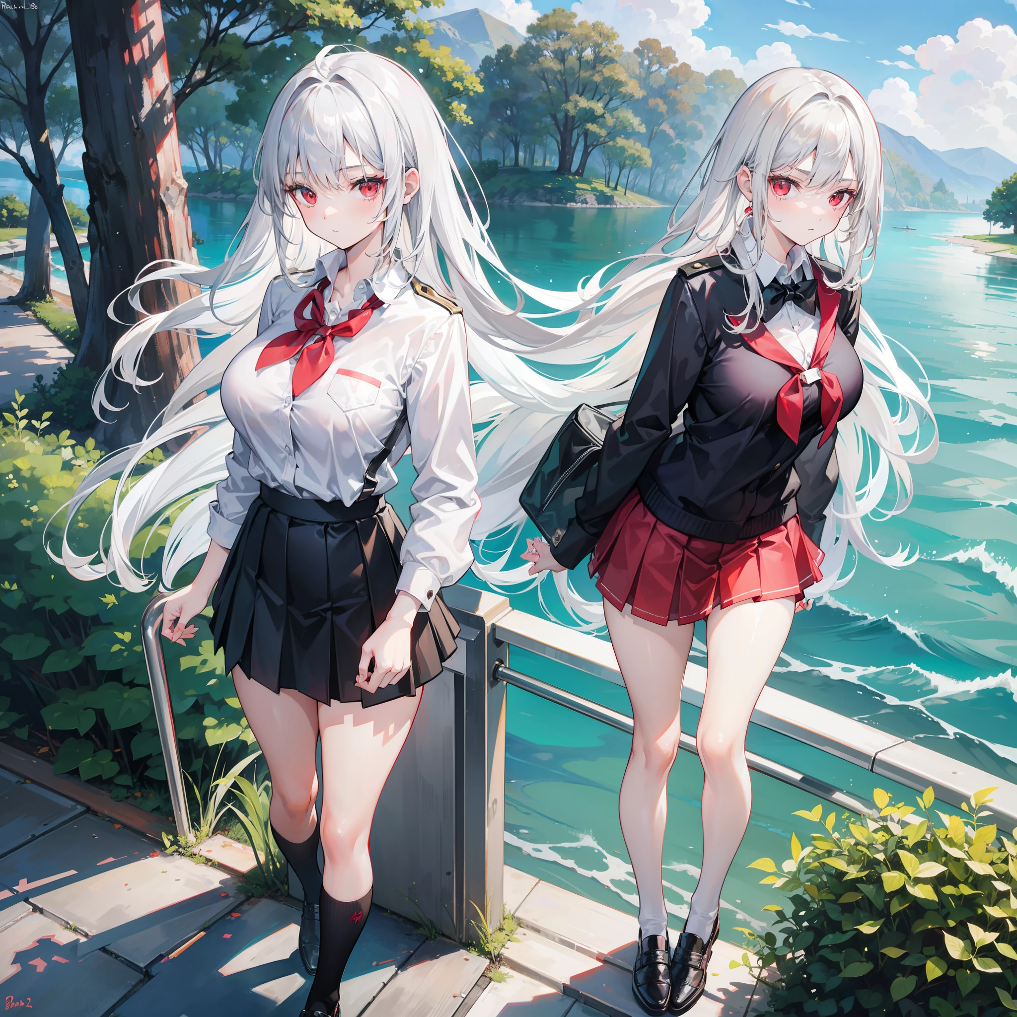 18 year old female, silver hair, red eyes, long hair, large breasts Wear a school uniform and short skirt next to a natural lake.