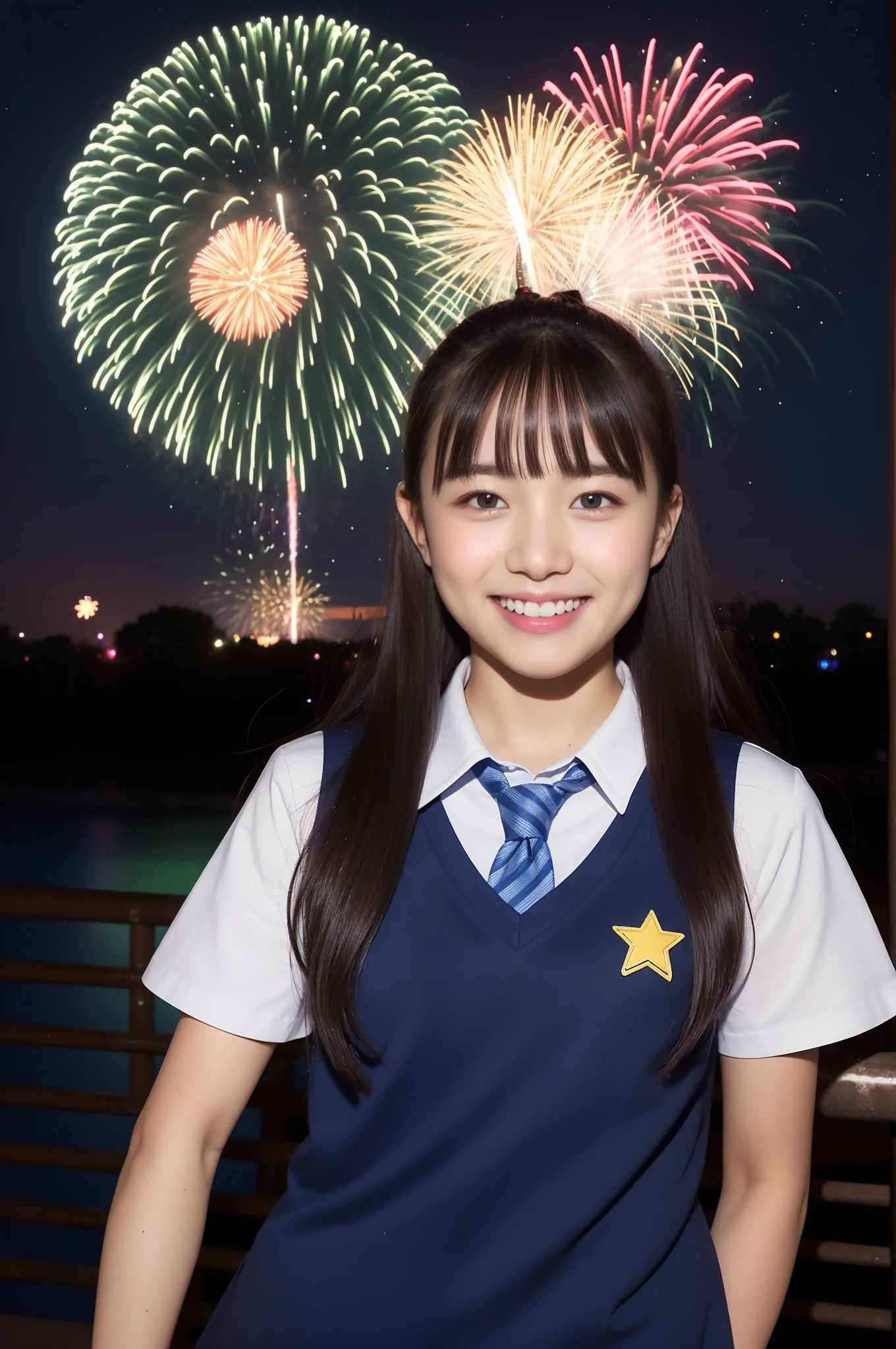 A smile、hi-school girl、校服、shortsleeves、An amusement park、While doing fireworks、starrysky、Aurora