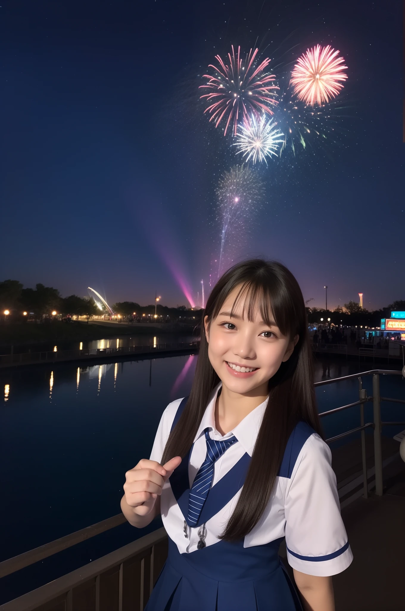 A smile、hi-school girl、校服、shortsleeves、An amusement park、While doing fireworks、starrysky、Aurora
