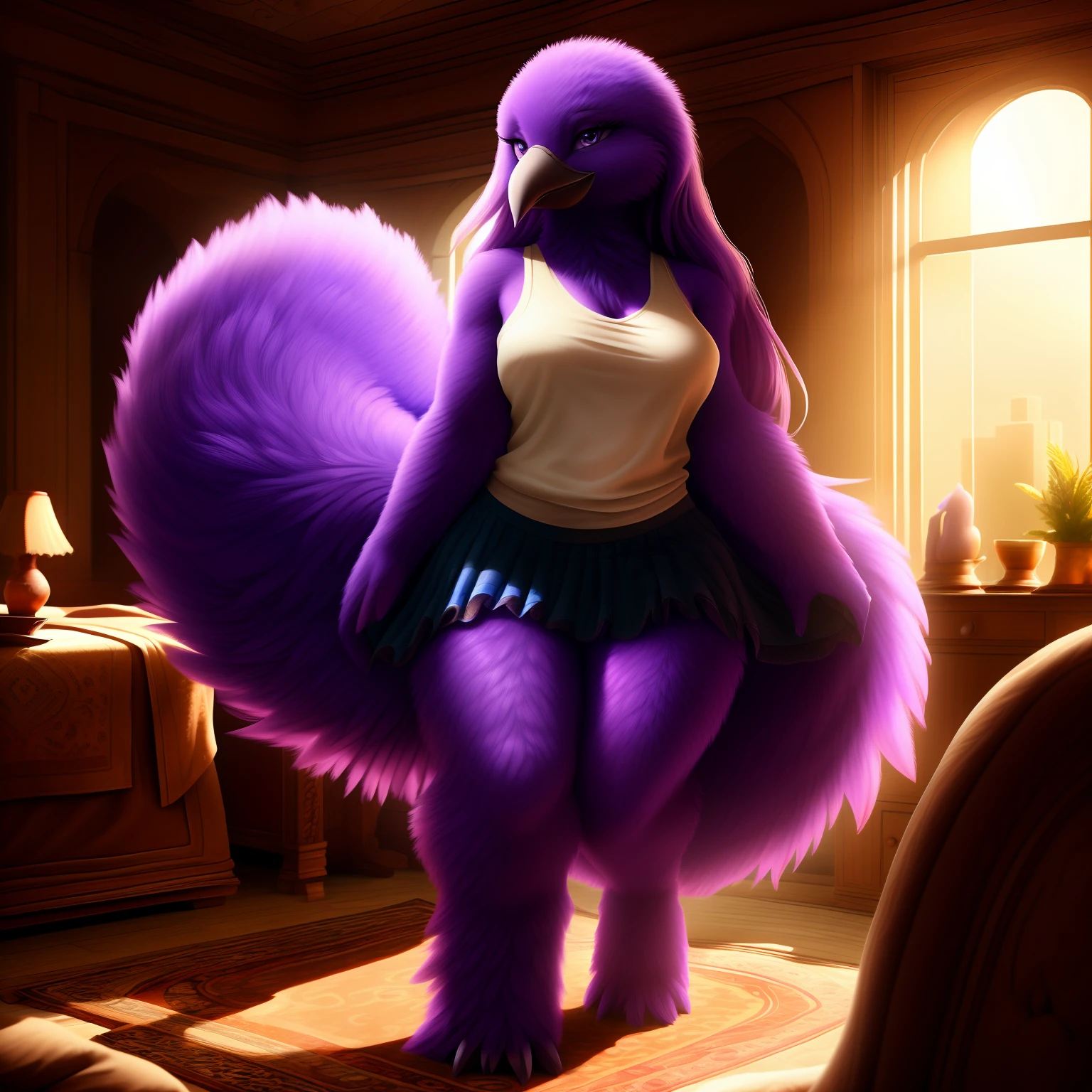 (((Cute Face))), (((Cute pose))), (((highly detailed eyes))), Solo, (((highly detailed purple fur))), ((medium breast)), ((seductive)), (((female))), ((Slayr Ruched Front Tank Top & Hem Skirt))), ((sexy)), ((standing, sexy legs)), snout, detailed eyes, ((eyelashes, purple bird)), ((facing viewer)), ((long hair)), (((full body should be seen))), ((belly fur)), ((indoors, highly detailed room)), ((hyper detailed bird)), sharp focus cgi, photorealistic, high detail, realistic, masterpiece, absurdres, best quality, HDR, high quality, high-definition, extremely detailed, 8k wallpaper, intricate details, 8K uhd, Full-HD, (realistic photo:1.2), contrast, harsh lighting, cinematic lighting, natural lighting, hard light, backlighting, global illumination, ambient occlusion